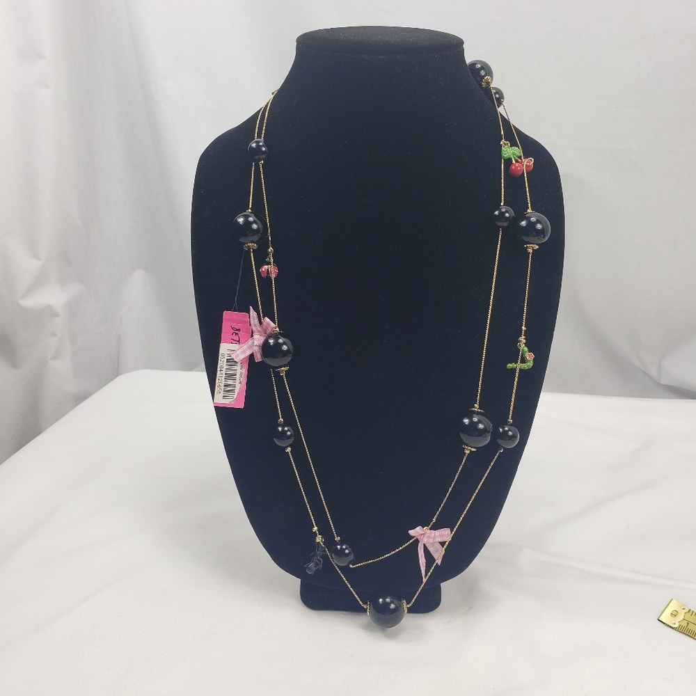 Betsey Johnson Cherry Black Widow Spider Necklace NWT